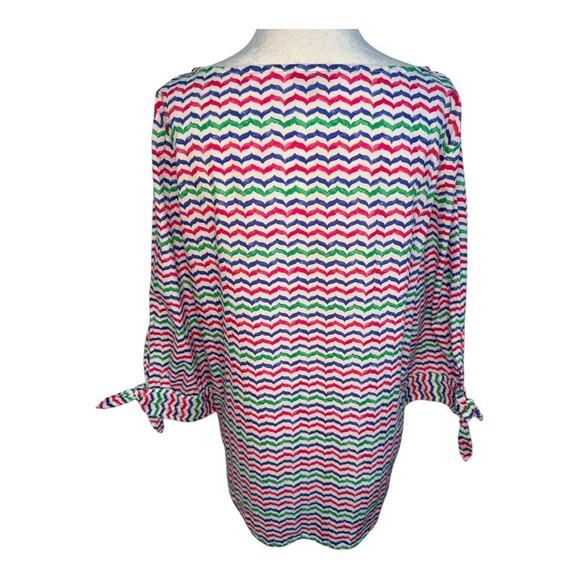 Talbots Tunic Medium Colorful Whale Tail Wavy Print Tie Sleeve Popover Blouse - Picture 4 of 8